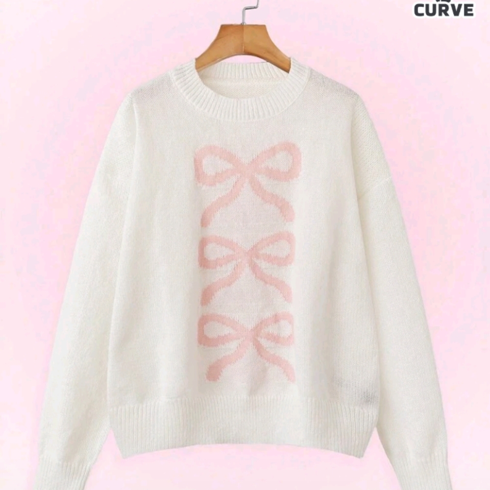 White and Pink Crew Neck Sweater with Bow Accents